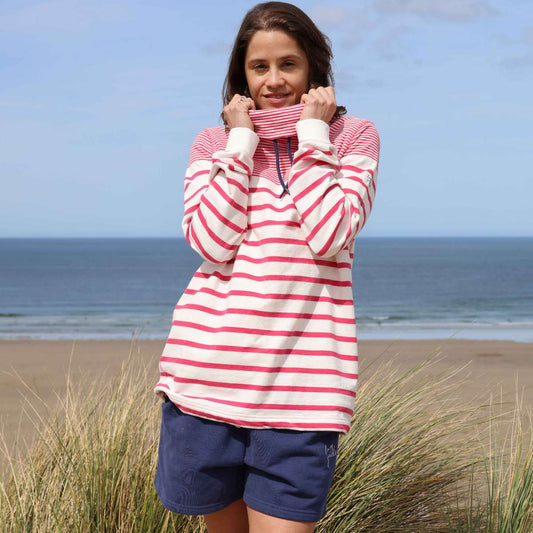 LJ20 - Ladies Draw String Striped Roll Neck Sweatshirt - Cherry