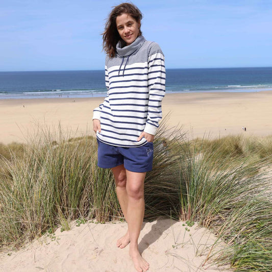 LJ20 - Ladies Draw String Striped Roll Neck Sweatshirt - Twilight